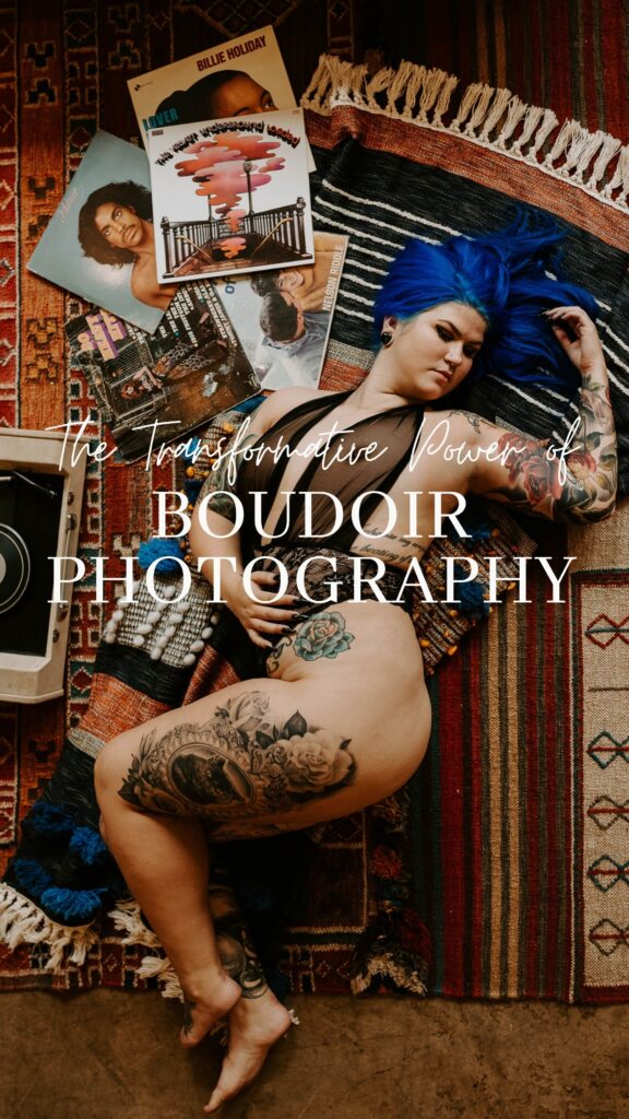 A woman smiling confidently in a Houston boudoir studio, embracing her self-love journey.